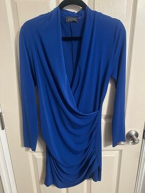 Astr Long Sleeve Draped V-Neck Wrap-Front Dress, Royal Blue, Sz L